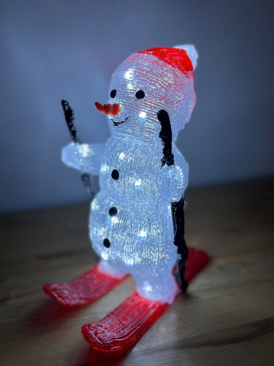 30cm Skiing Snowman Acrylic Figure with Ice White LEDs Christmas